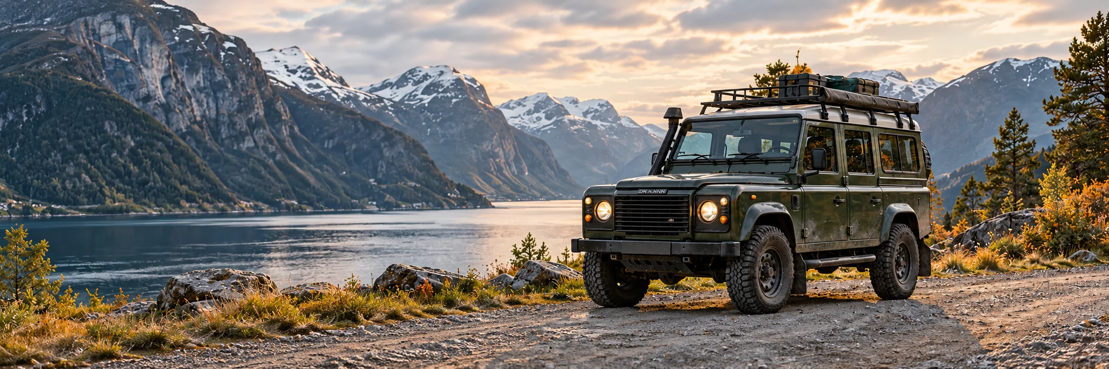 Land Rover Defender ved en norsk fjord